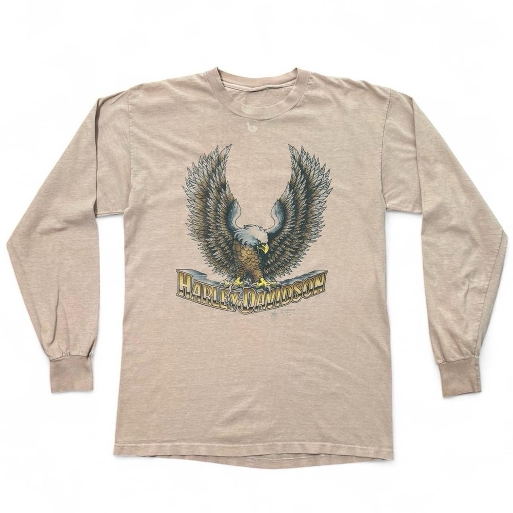 Vintage 1989 3D Emblem Harley Davidson Long Sleeve Eagle Logo T-shirt 20x29